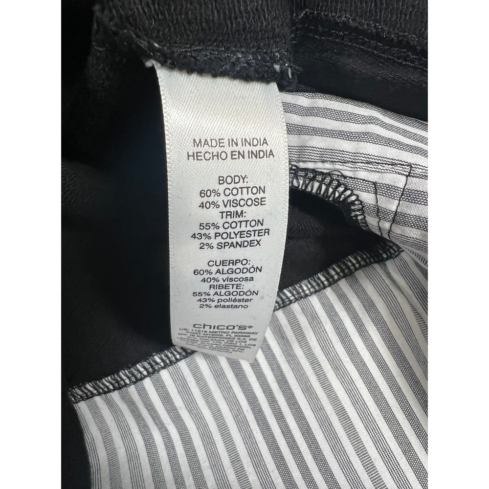 Chico's Black Layered Look Pullover Top Striped Trim Roll Tab Sleeve Size Medium - Picture 8 of 9